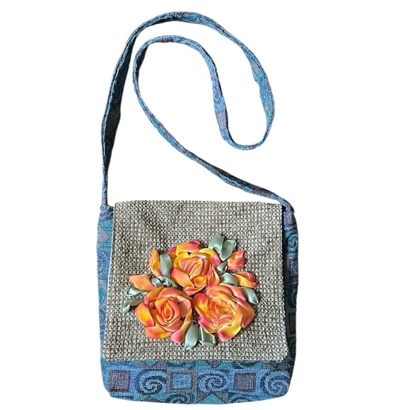 Handcrafted Blue Tapestry Fabric Crossbody Bag with Silk Flower Accents - Picture 7 of 7